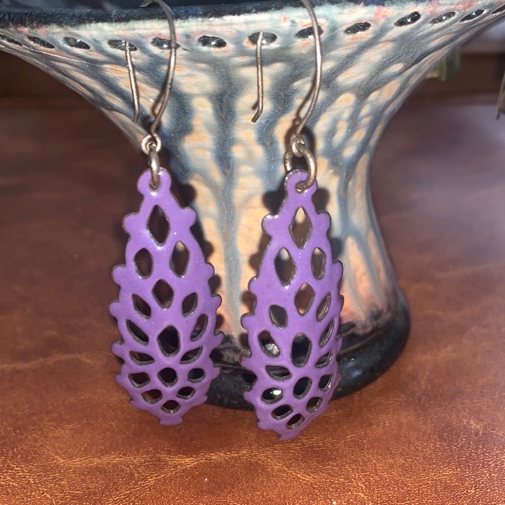 Handcrafted one of a kind dangle purple metal painted pierced art earrings